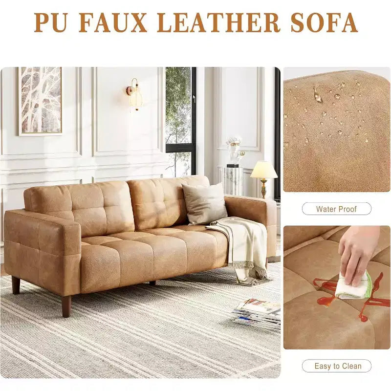 Acekool Faux Leather 83 3-Seater Sofa Couch, Modern Deep Seat Sofa with Spring Cushions for Living Room or Office