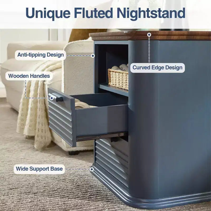 TUYOHW Fluted Nightstand with Charging Station,Modern Bedside Table with 2 Drawers & Open Self,End Table for Living Room,Bedroom,Home Office