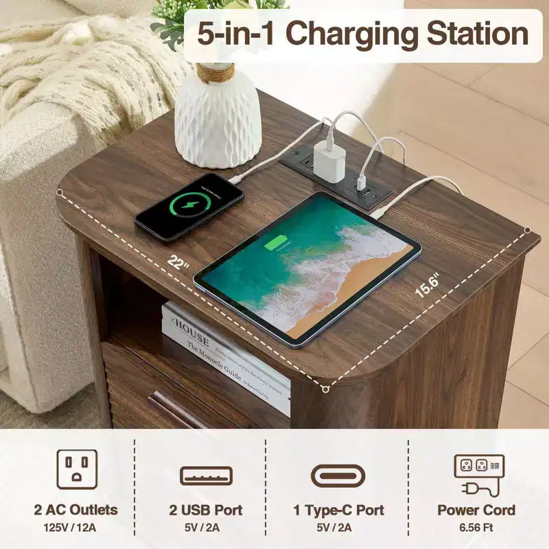 TUYOHW Fluted Nightstand with Charging Station,Modern Bedside Table with 2 Drawers & Open Self,End Table for Living Room,Bedroom,Home Office