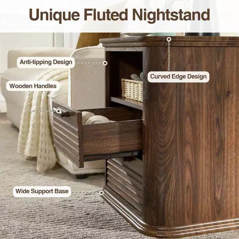 TUYOHW Fluted Nightstand with Charging Station,Modern Bedside Table with 2 Drawers & Open Self,End Table for Living Room,Bedroom,Home Office