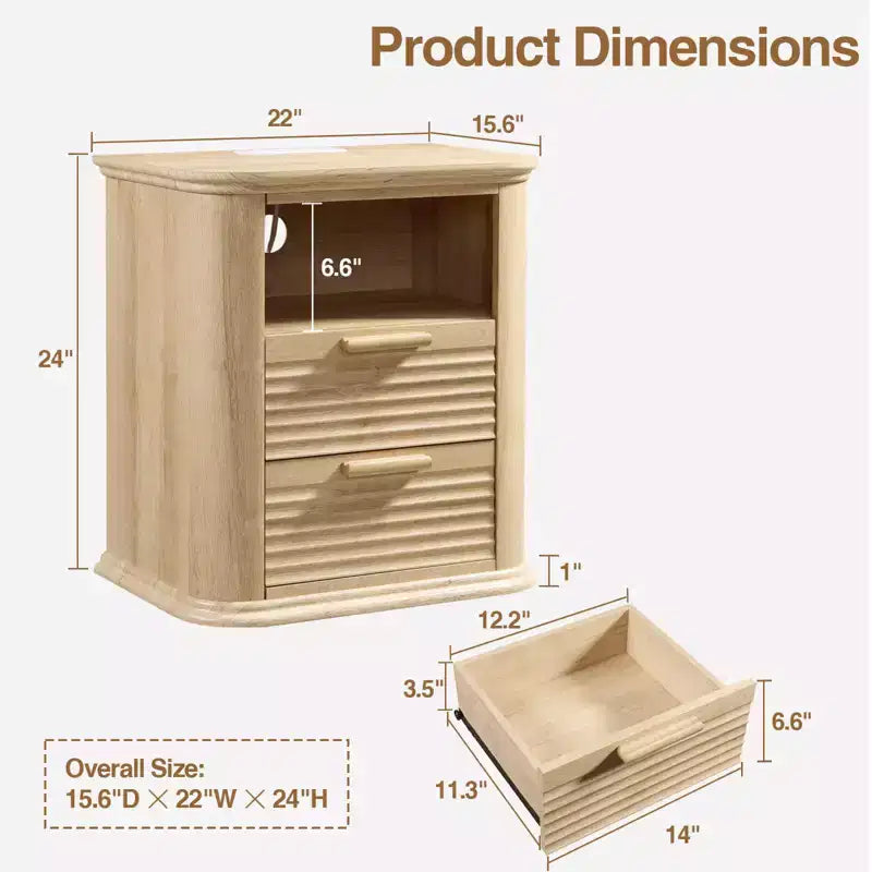 TUYOHW Fluted Nightstand with Charging Station,Modern Bedside Table with 2 Drawers & Open Self,End Table for Living Room,Bedroom,Home Office