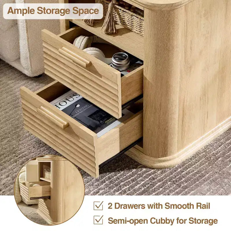 TUYOHW Fluted Nightstand with Charging Station,Modern Bedside Table with 2 Drawers & Open Self,End Table for Living Room,Bedroom,Home Office