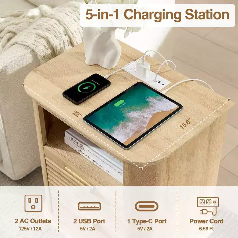 TUYOHW Fluted Nightstand with Charging Station,Modern Bedside Table with 2 Drawers & Open Self,End Table for Living Room,Bedroom,Home Office