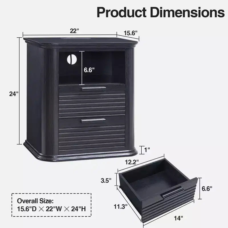 TUYOHW Fluted Nightstand with Charging Station,Modern Bedside Table with 2 Drawers & Open Self,End Table for Living Room,Bedroom,Home Office