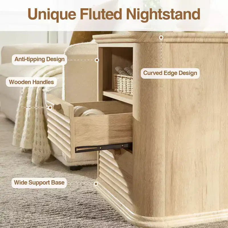 TUYOHW Fluted Nightstand with Charging Station,Modern Bedside Table with 2 Drawers & Open Self,End Table for Living Room,Bedroom,Home Office