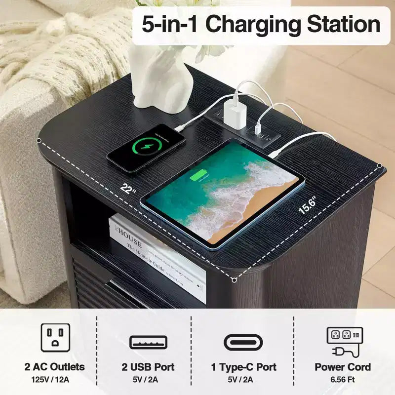 TUYOHW Fluted Nightstand with Charging Station,Modern Bedside Table with 2 Drawers & Open Self,End Table for Living Room,Bedroom,Home Office
