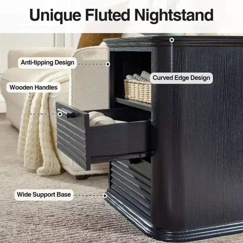 TUYOHW Fluted Nightstand with Charging Station,Modern Bedside Table with 2 Drawers & Open Self,End Table for Living Room,Bedroom,Home Office