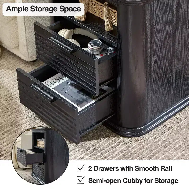 TUYOHW Fluted Nightstand with Charging Station,Modern Bedside Table with 2 Drawers & Open Self,End Table for Living Room,Bedroom,Home Office