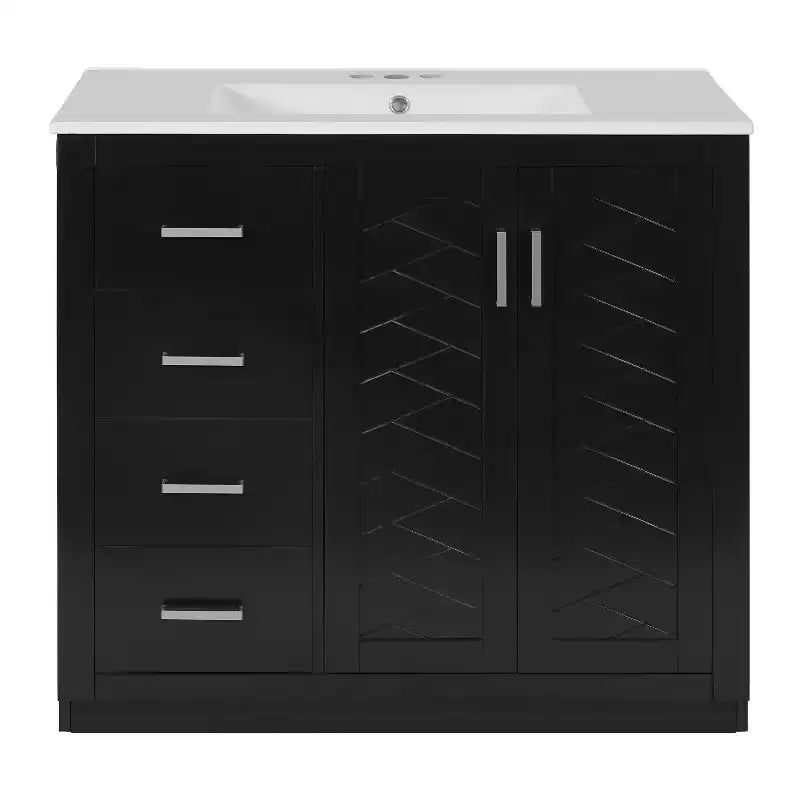 Mobile Bagno da 90 cm con Lavabo, Mobiletto a Terra con Cassetti e Ante a Chiusura Ammortizzata, Mobile da Bagno Singolo in Legno