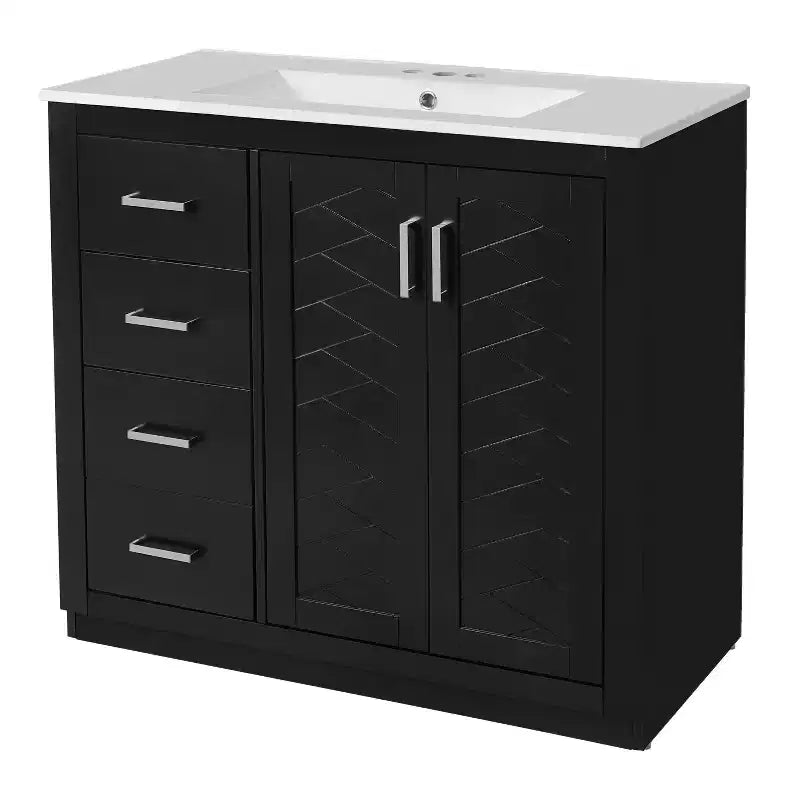 Mobile Bagno da 90 cm con Lavabo, Mobiletto a Terra con Cassetti e Ante a Chiusura Ammortizzata, Mobile da Bagno Singolo in Legno