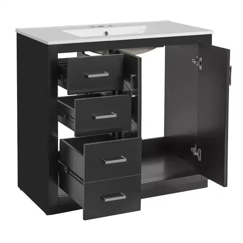 Mobile Bagno da 90 cm con Lavabo, Mobiletto a Terra con Cassetti e Ante a Chiusura Ammortizzata, Mobile da Bagno Singolo in Legno