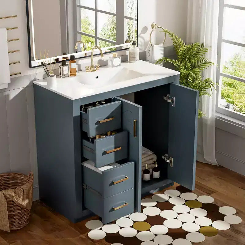 Mobile Bagno da 90 cm con Lavabo, Mobiletto a Terra con Cassetti e Ante a Chiusura Ammortizzata, Mobile da Bagno Singolo in Legno