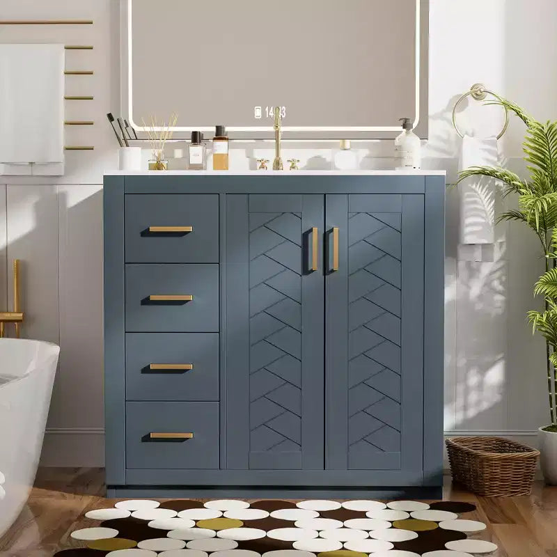 Mobile Bagno da 90 cm con Lavabo, Mobiletto a Terra con Cassetti e Ante a Chiusura Ammortizzata, Mobile da Bagno Singolo in Legno