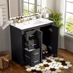 Mobile Bagno da 90 cm con Lavabo, Mobiletto a Terra con Cassetti e Ante a Chiusura Ammortizzata, Mobile da Bagno Singolo in Legno