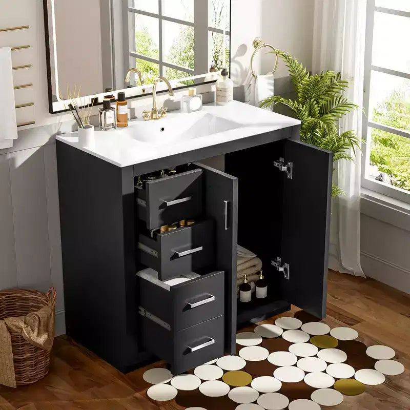 Mobile Bagno da 90 cm con Lavabo, Mobiletto a Terra con Cassetti e Ante a Chiusura Ammortizzata, Mobile da Bagno Singolo in Legno