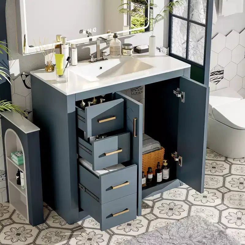 Mobile Bagno da 90 cm con Lavabo, Mobiletto a Terra con Cassetti e Ante a Chiusura Ammortizzata, Mobile da Bagno Singolo in Legno