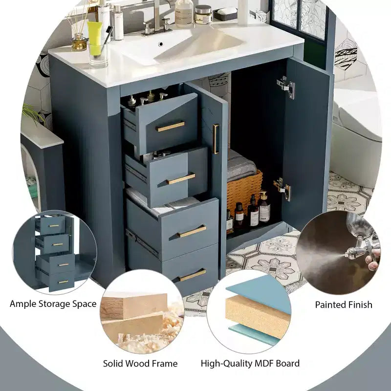 Mobile Bagno da 90 cm con Lavabo, Mobiletto a Terra con Cassetti e Ante a Chiusura Ammortizzata, Mobile da Bagno Singolo in Legno