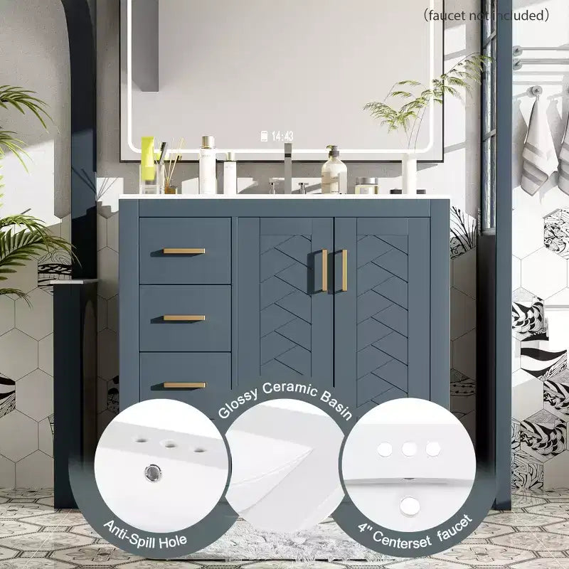 Mobile Bagno da 90 cm con Lavabo, Mobiletto a Terra con Cassetti e Ante a Chiusura Ammortizzata, Mobile da Bagno Singolo in Legno