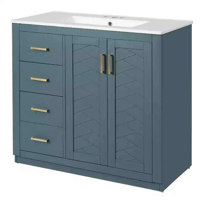 Mobile Bagno da 90 cm con Lavabo, Mobiletto a Terra con Cassetti e Ante a Chiusura Ammortizzata, Mobile da Bagno Singolo in Legno