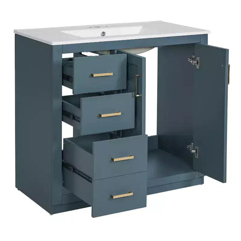Mobile Bagno da 90 cm con Lavabo, Mobiletto a Terra con Cassetti e Ante a Chiusura Ammortizzata, Mobile da Bagno Singolo in Legno