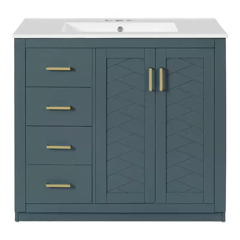 Mobile Bagno da 90 cm con Lavabo, Mobiletto a Terra con Cassetti e Ante a Chiusura Ammortizzata, Mobile da Bagno Singolo in Legno