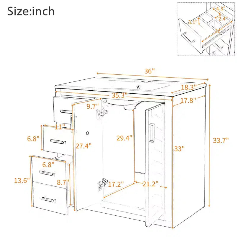 Mobile Bagno da 90 cm con Lavabo, Mobiletto a Terra con Cassetti e Ante a Chiusura Ammortizzata, Mobile da Bagno Singolo in Legno