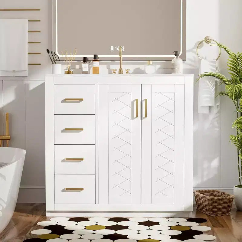 Mobile Bagno da 90 cm con Lavabo, Mobiletto a Terra con Cassetti e Ante a Chiusura Ammortizzata, Mobile da Bagno Singolo in Legno
