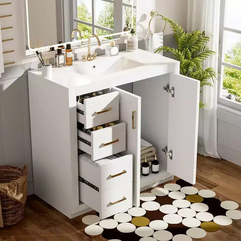 Mobile Bagno da 90 cm con Lavabo, Mobiletto a Terra con Cassetti e Ante a Chiusura Ammortizzata, Mobile da Bagno Singolo in Legno