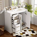 Mobile Bagno da 90 cm con Lavabo, Mobiletto a Terra con Cassetti e Ante a Chiusura Ammortizzata, Mobile da Bagno Singolo in Legno