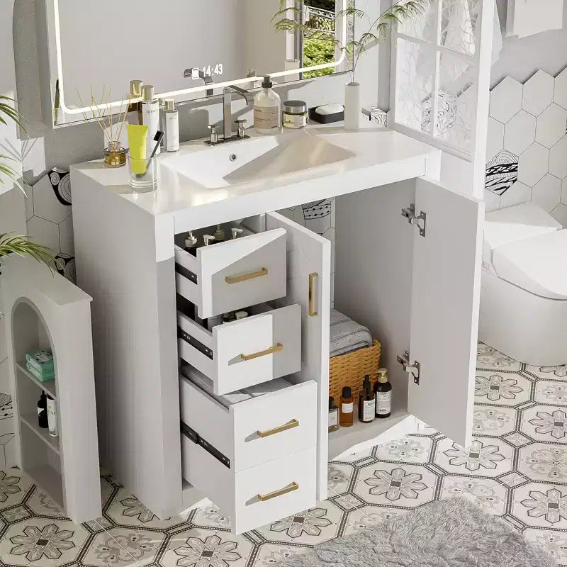 Mobile Bagno da 90 cm con Lavabo, Mobiletto a Terra con Cassetti e Ante a Chiusura Ammortizzata, Mobile da Bagno Singolo in Legno