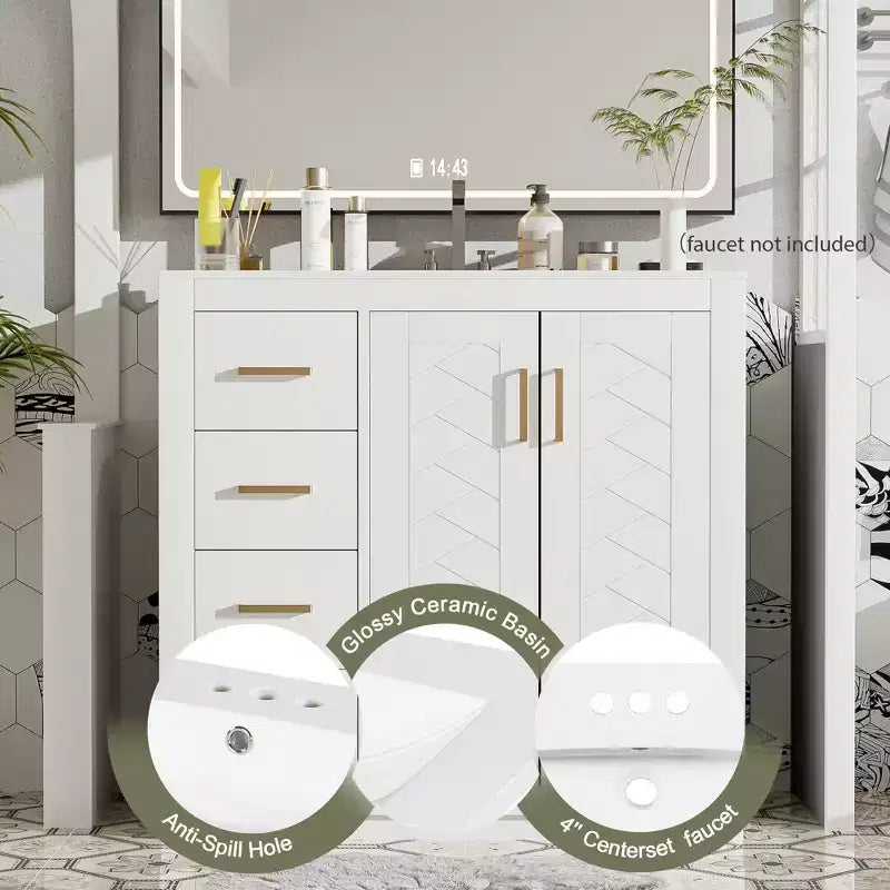 Mobile Bagno da 90 cm con Lavabo, Mobiletto a Terra con Cassetti e Ante a Chiusura Ammortizzata, Mobile da Bagno Singolo in Legno