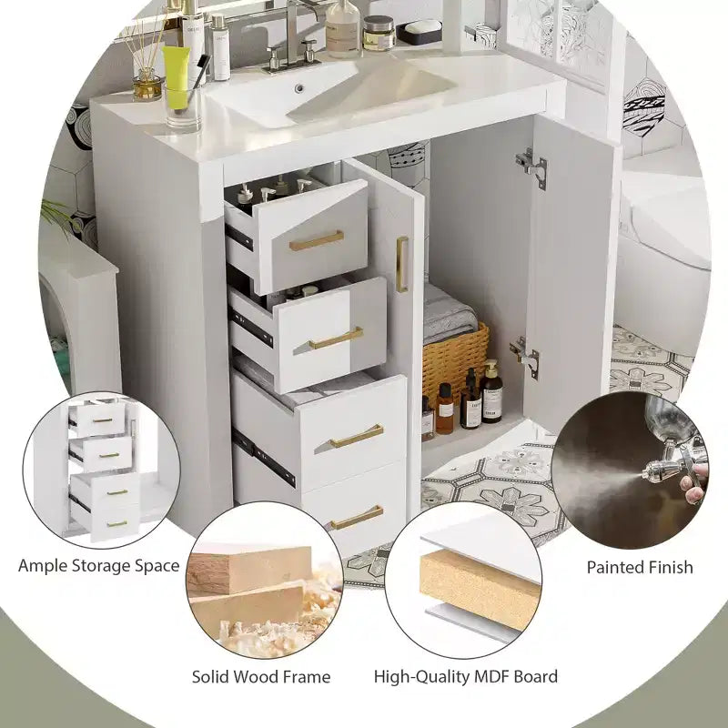 Mobile Bagno da 90 cm con Lavabo, Mobiletto a Terra con Cassetti e Ante a Chiusura Ammortizzata, Mobile da Bagno Singolo in Legno
