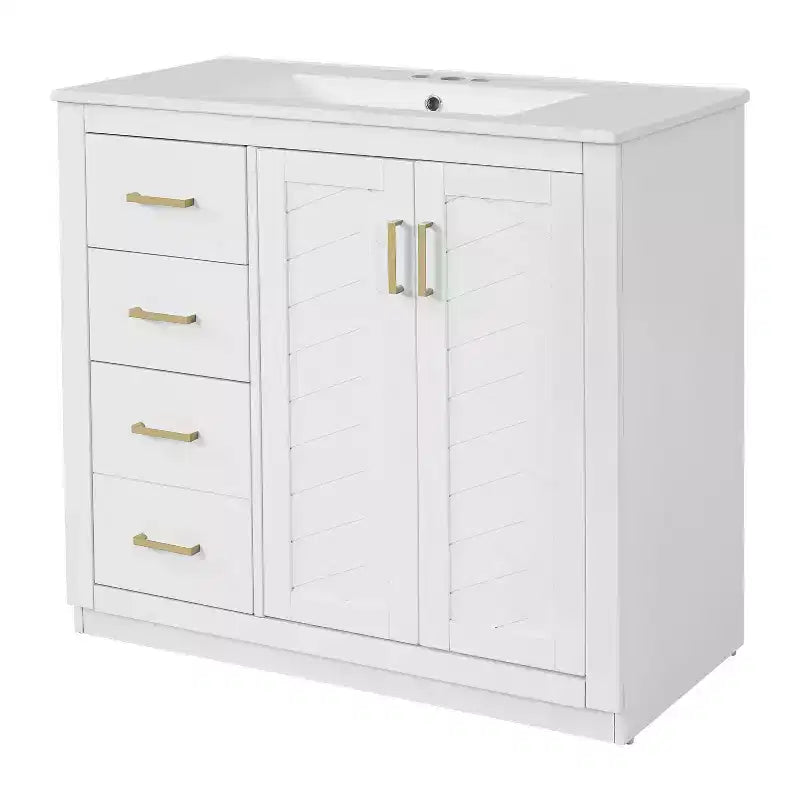 Mobile Bagno da 90 cm con Lavabo, Mobiletto a Terra con Cassetti e Ante a Chiusura Ammortizzata, Mobile da Bagno Singolo in Legno