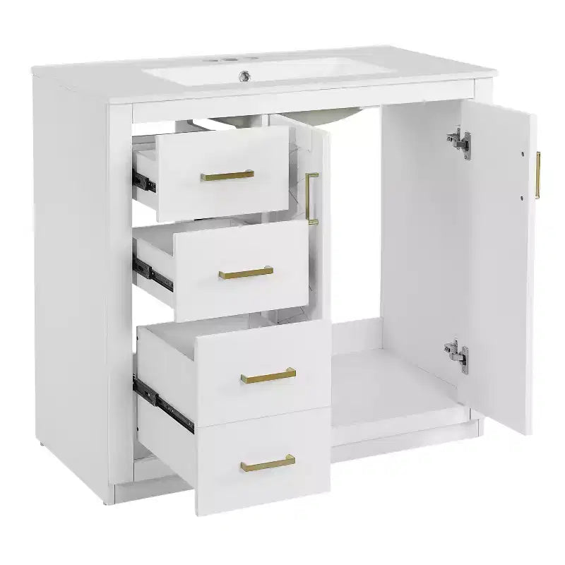 Mobile Bagno da 90 cm con Lavabo, Mobiletto a Terra con Cassetti e Ante a Chiusura Ammortizzata, Mobile da Bagno Singolo in Legno