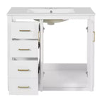Mobile Bagno da 90 cm con Lavabo, Mobiletto a Terra con Cassetti e Ante a Chiusura Ammortizzata, Mobile da Bagno Singolo in Legno