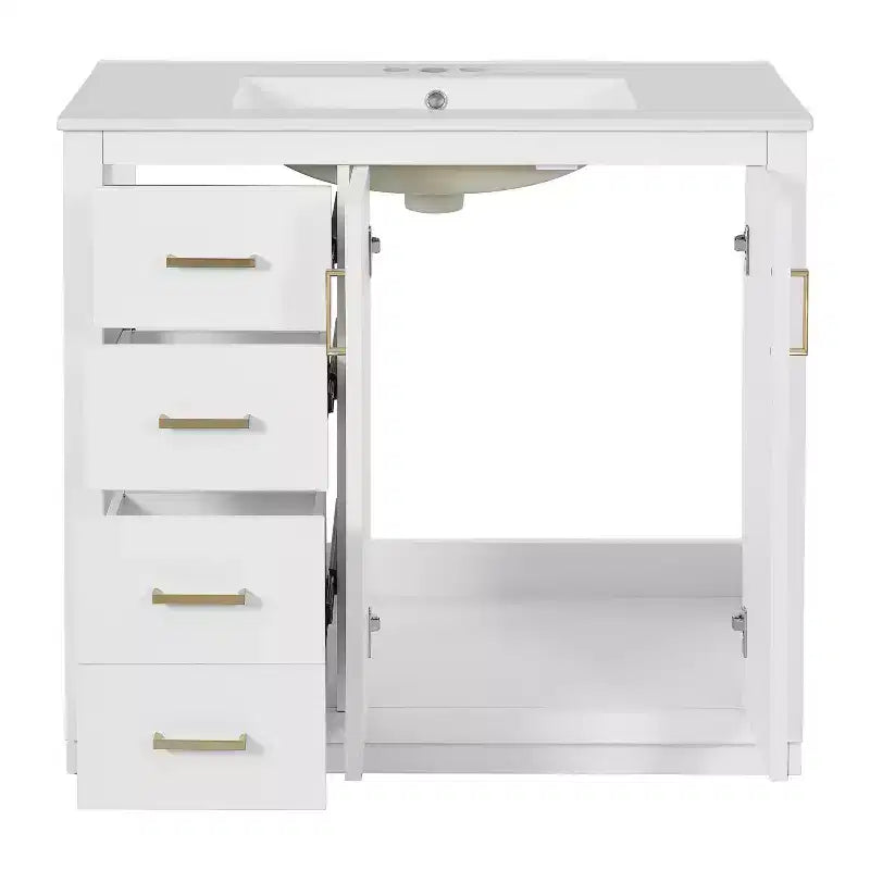 Mobile Bagno da 90 cm con Lavabo, Mobiletto a Terra con Cassetti e Ante a Chiusura Ammortizzata, Mobile da Bagno Singolo in Legno