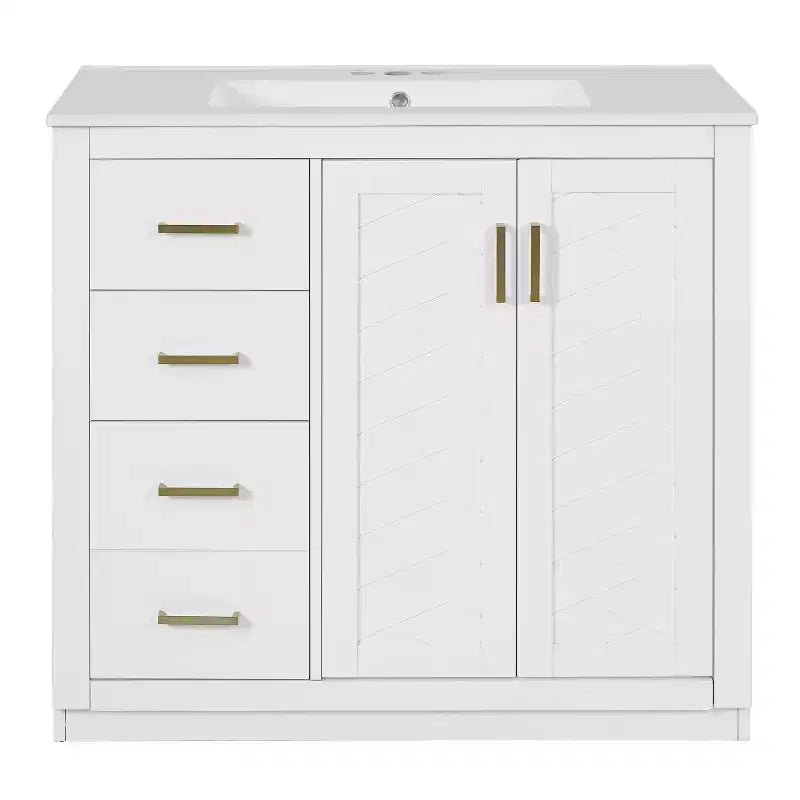 Mobile Bagno da 90 cm con Lavabo, Mobiletto a Terra con Cassetti e Ante a Chiusura Ammortizzata, Mobile da Bagno Singolo in Legno