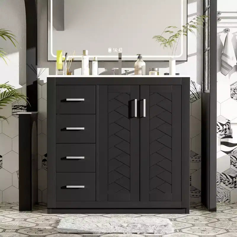 Mobile Bagno da 90 cm con Lavabo, Mobiletto a Terra con Cassetti e Ante a Chiusura Ammortizzata, Mobile da Bagno Singolo in Legno