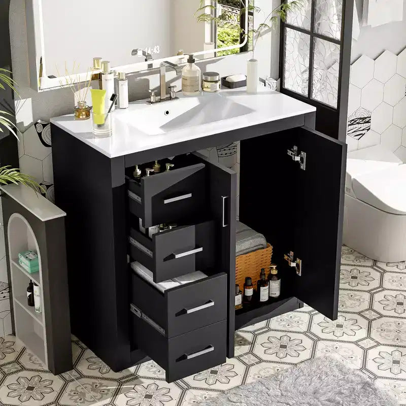 Mobile Bagno da 90 cm con Lavabo, Mobiletto a Terra con Cassetti e Ante a Chiusura Ammortizzata, Mobile da Bagno Singolo in Legno