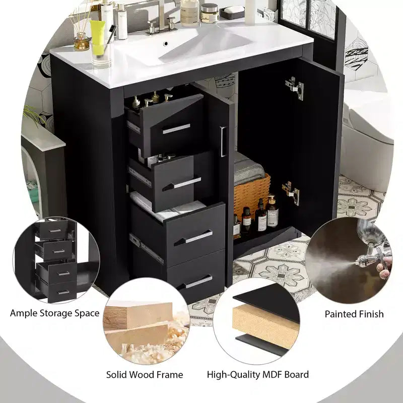 Mobile Bagno da 90 cm con Lavabo, Mobiletto a Terra con Cassetti e Ante a Chiusura Ammortizzata, Mobile da Bagno Singolo in Legno
