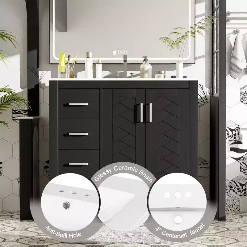 Mobile Bagno da 90 cm con Lavabo, Mobiletto a Terra con Cassetti e Ante a Chiusura Ammortizzata, Mobile da Bagno Singolo in Legno