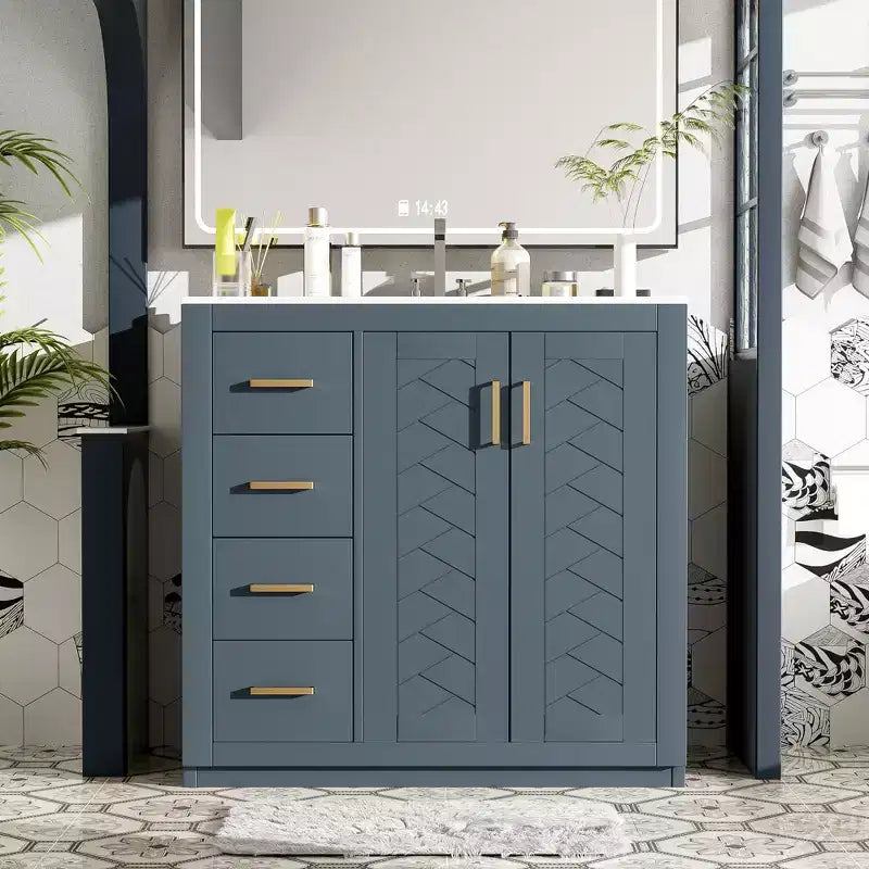 Mobile Bagno da 90 cm con Lavabo, Mobiletto a Terra con Cassetti e Ante a Chiusura Ammortizzata, Mobile da Bagno Singolo in Legno