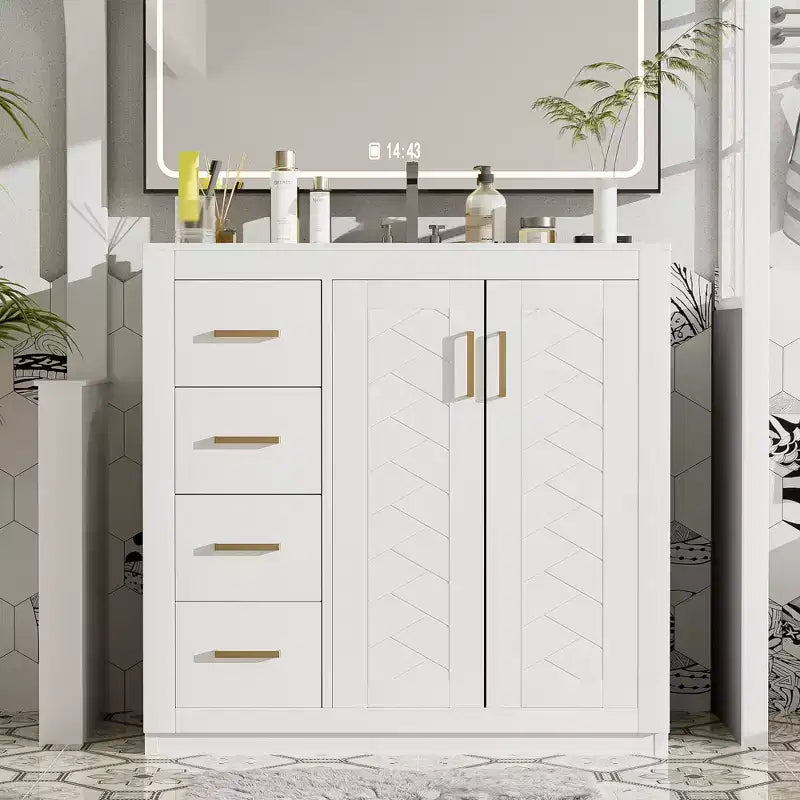 Mobile Bagno da 90 cm con Lavabo, Mobiletto a Terra con Cassetti e Ante a Chiusura Ammortizzata, Mobile da Bagno Singolo in Legno