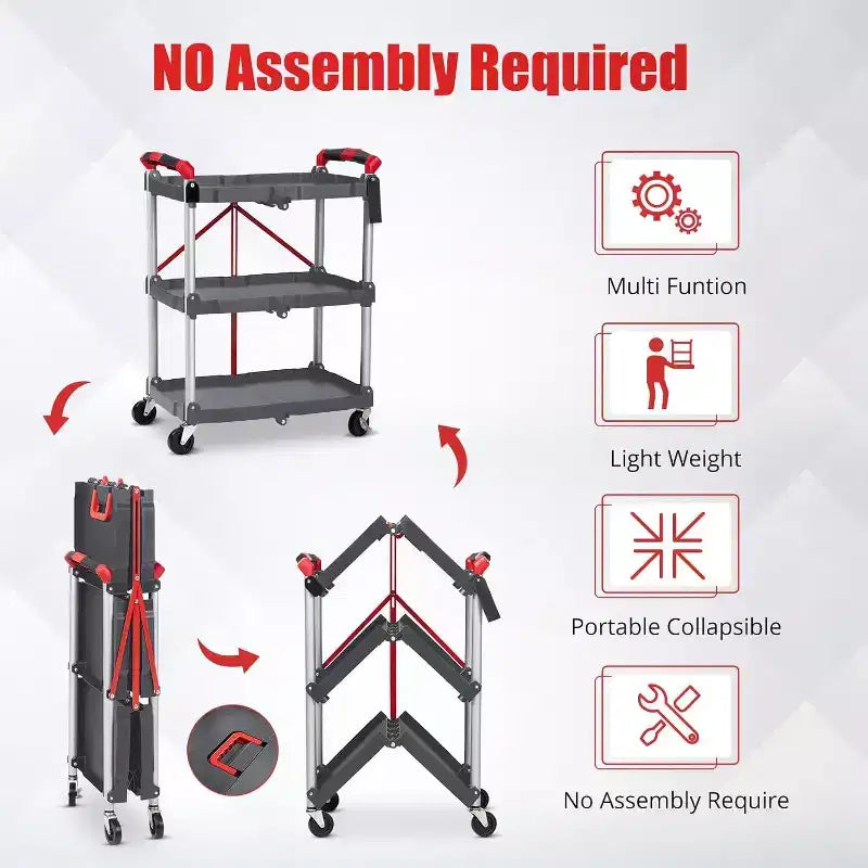 3-Tier Foldable Utility Cart with Wheels,Portable Rolling Storage Trolley,167 lbs Load Capacity,No-Assembly Organizer for Office,Home,Garage,Warehouse