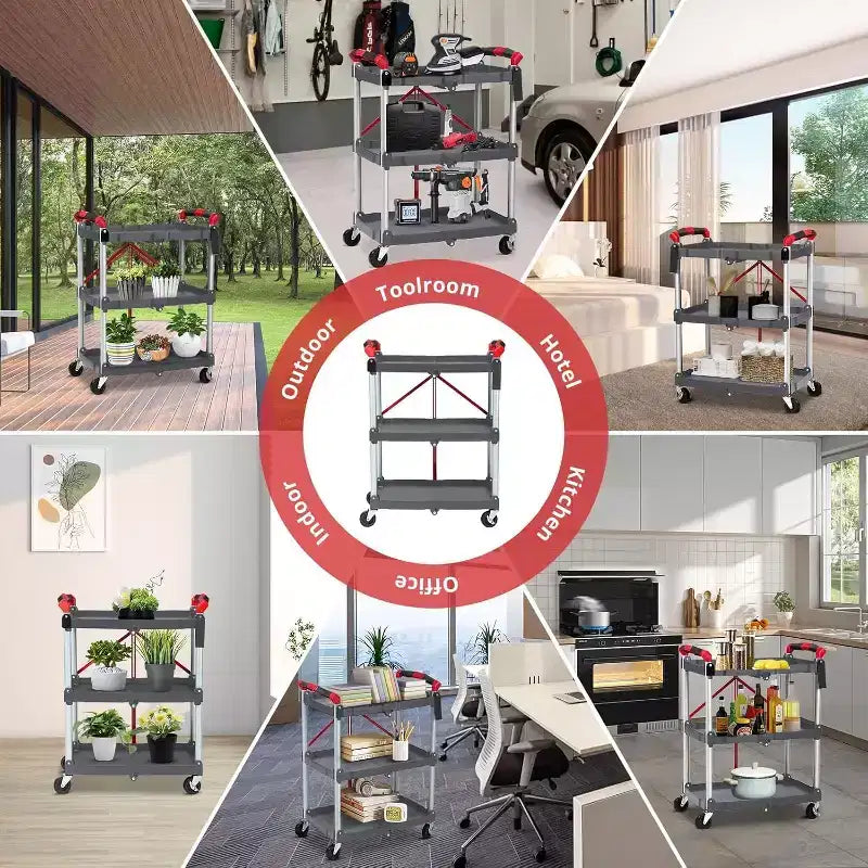 3-Tier Foldable Utility Cart with Wheels,Portable Rolling Storage Trolley,167 lbs Load Capacity,No-Assembly Organizer for Office,Home,Garage,Warehouse