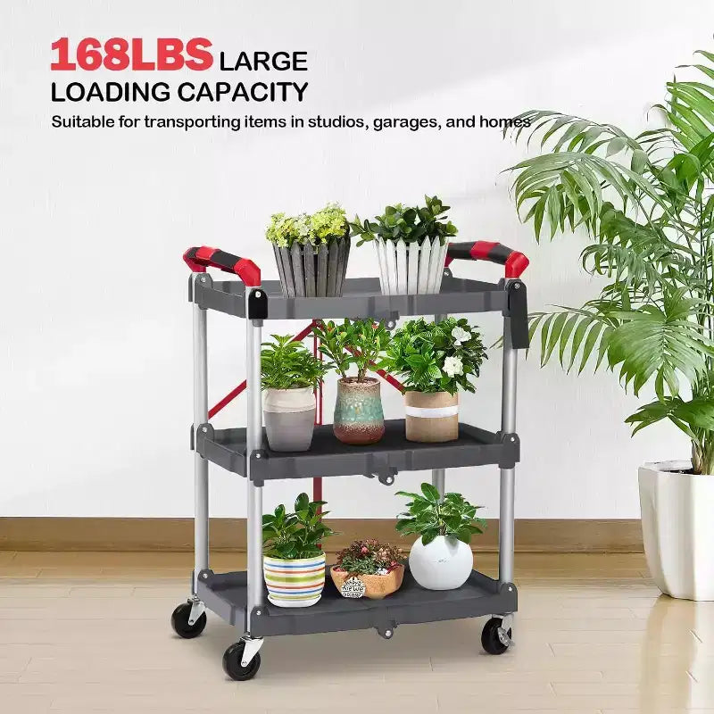 3-Tier Foldable Utility Cart with Wheels,Portable Rolling Storage Trolley,167 lbs Load Capacity,No-Assembly Organizer for Office,Home,Garage,Warehouse