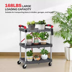 3-Tier Foldable Utility Cart with Wheels,Portable Rolling Storage Trolley,167 lbs Load Capacity,No-Assembly Organizer for Office,Home,Garage,Warehouse