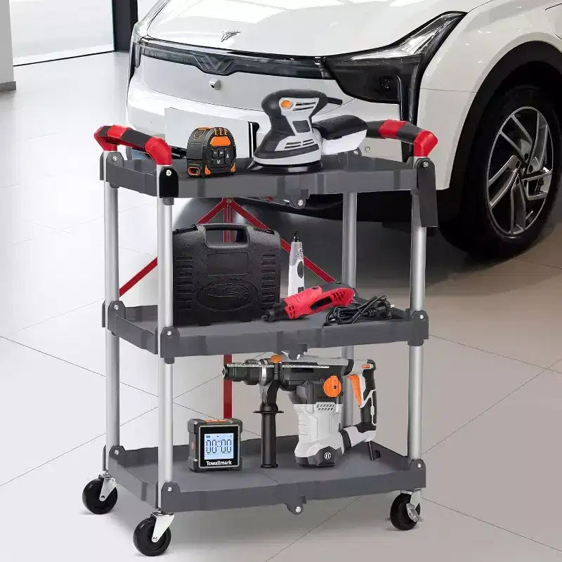 3-Tier Foldable Utility Cart with Wheels,Portable Rolling Storage Trolley,167 lbs Load Capacity,No-Assembly Organizer for Office,Home,Garage,Warehouse