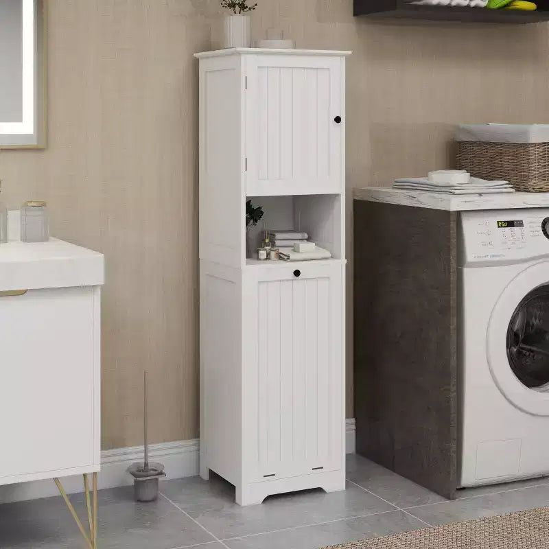 Mobile Lavanderia Inclinabile, Mobile Lavanderia Nascosto con Scomparto e Ripiano Inferiore Inclinabile, Organizer Alto da Bagno Bianco