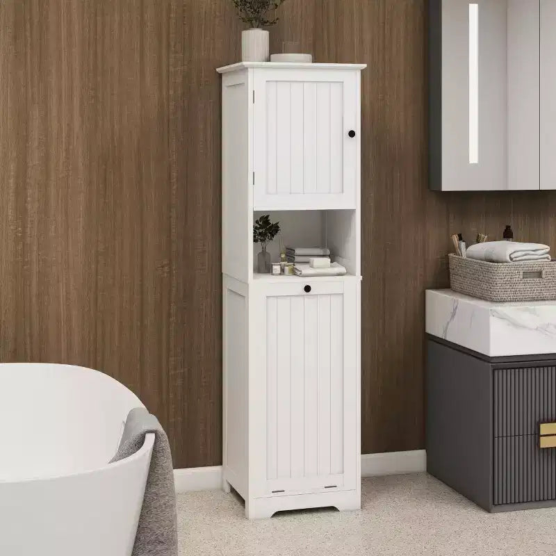 Mobile Lavanderia Inclinabile, Mobile Lavanderia Nascosto con Scomparto e Ripiano Inferiore Inclinabile, Organizer Alto da Bagno Bianco